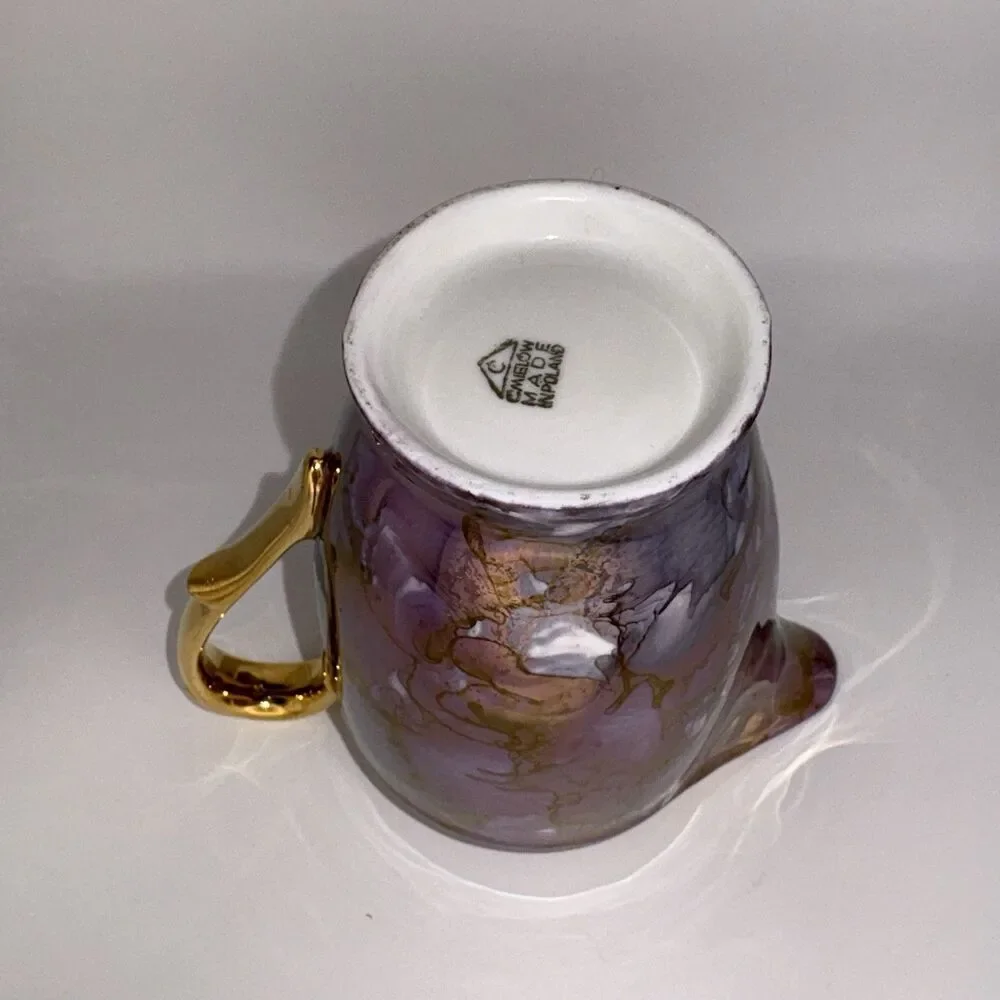 Vintage Cmielow Poland Tea Set Teapot Creamer Sugar Bowl 2 Saucers Purple Gold